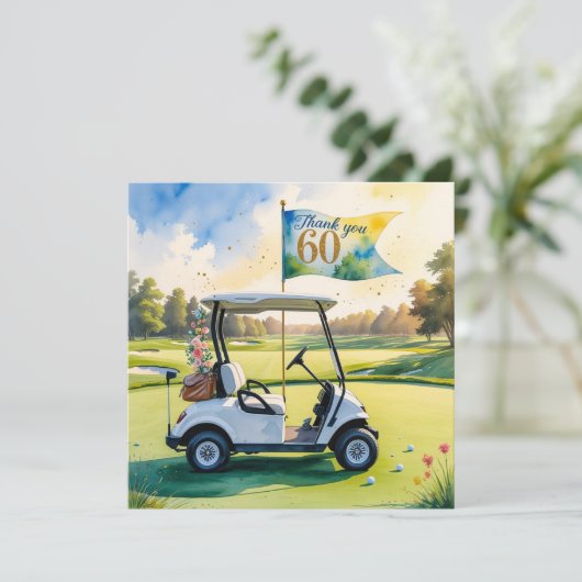 ゴルフカートを緑に乗せたゴルフ60誕生日 サンキューカード (スタンド正面)