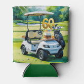 ゴルフカートを緑に乗せたゴルフ60誕生日 缶クーラー (正面)