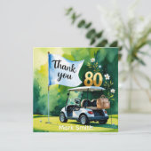 ゴルフカートを緑に乗せた80番目の誕生日 サンキューカード (スタンド正面)