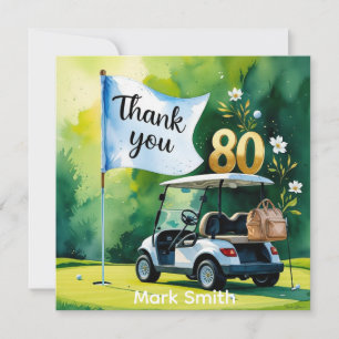 ゴルフカートを緑に乗せた80番目の誕生日 サンキューカード