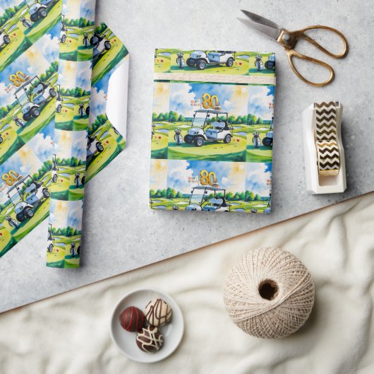 ゴルフカートを緑に乗せた80番目の誕生日 ラッピングペーパー (クラフト)