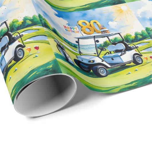 ゴルフカートを緑に乗せた80番目の誕生日 ラッピングペーパー (ロールコーナー)