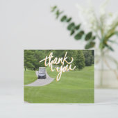 ゴルフカートを緑に乗せてゴルフありがとう ポストカード (スタンド正面)