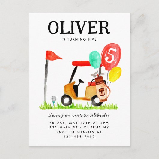 ゴルフカートバッグバルーンキッズゴルファー誕生日 ポストカード (正面)