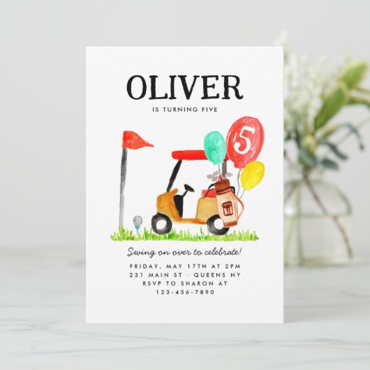 ゴルフカートバッグバルーンキッズゴルファー誕生日 招待状 (スタンド正面)