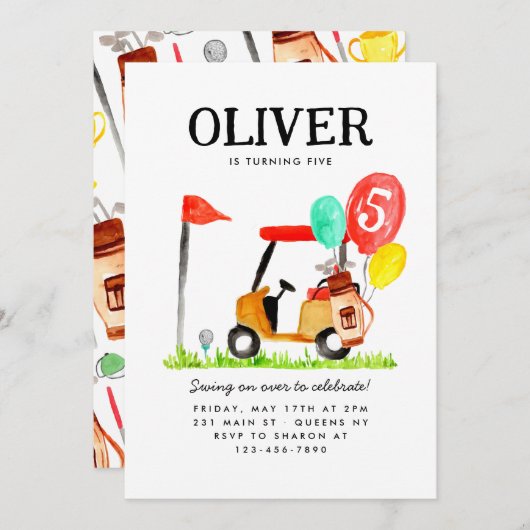 ゴルフカートバッグバルーンキッズゴルファー誕生日 招待状 (正面/裏面)