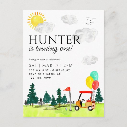 ゴルフカートモダンカントリークラブバルーン誕生日 ポストカード (正面)