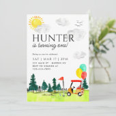 ゴルフカートモダンカントリークラブバルーン誕生日 招待状 (スタンド正面)