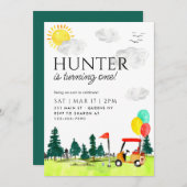 ゴルフカートモダンカントリークラブバルーン誕生日 招待状 (正面/裏面)