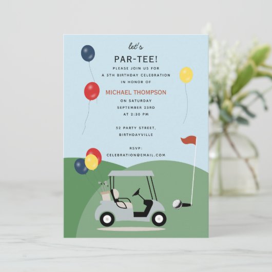 ゴルフカートモダンゴルファーテーマ子供の誕生日 招待状 (スタンド正面)
