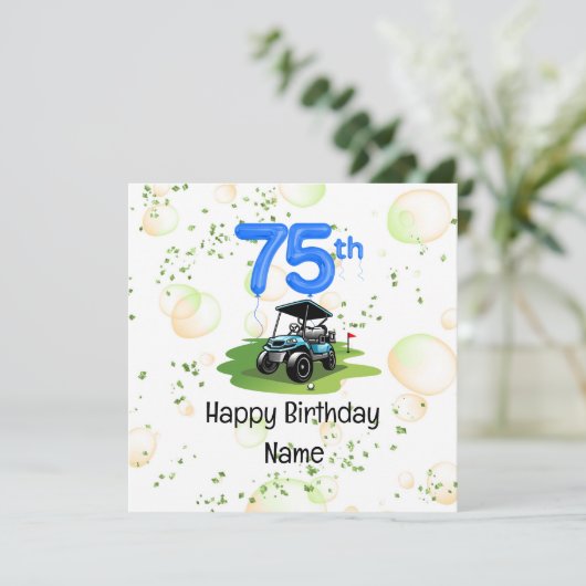ゴルフカート付きゴルファーのためのゴルフ75番目の誕生日 カード (スタンド正面)