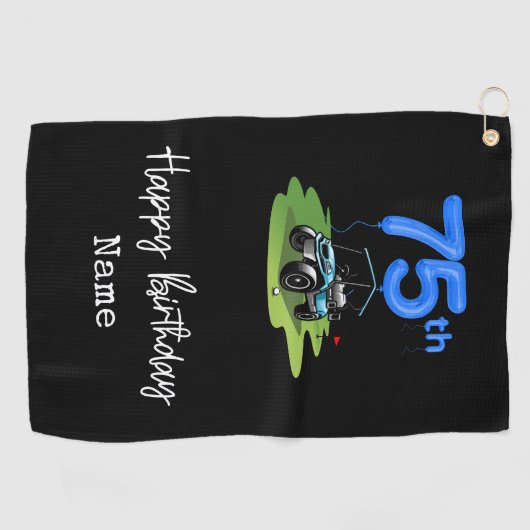 ゴルフカート付きゴルファーのためのゴルフ75番目の誕生日 ゴルフタオル (横)