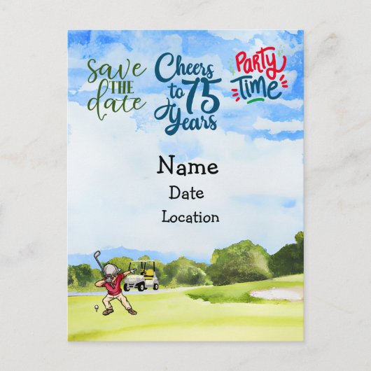 ゴルフカート付きゴルファー75番目の誕生日日付を保存 インビテーションポストカード (正面)