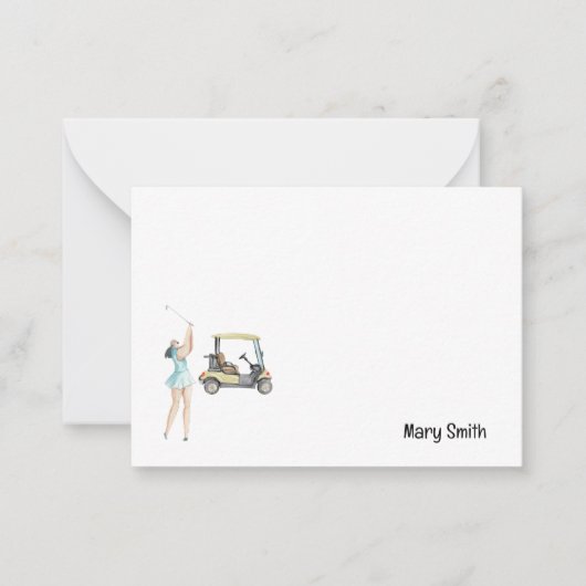 ゴルフカート付きゴルフ女性 ノートカード (正面)