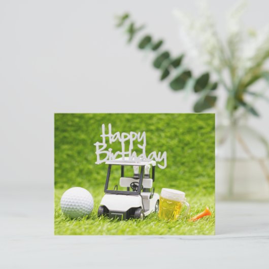 ゴルフカート付きゴルフ誕生日及びゴルファー用ビール ポストカード (スタンド正面)