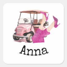 ゴルフカート及びピンクのハイヒールシューズ女性ゴルファー