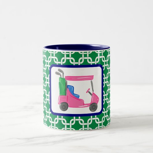 ゴルフカート名門私立校風のグリーンホワイトリンクパターンゴルファー ツートーンマグカップ (中央)