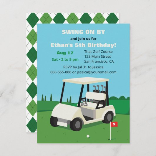 ゴルフカート子供の誕生日パーティの招待状 招待状 (正面/裏面)