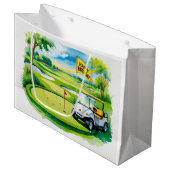 ゴルフカート水彩付きゴルフ誕生日 ラージペーパーバッグ (正面アングル)