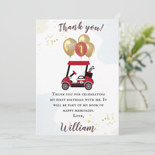 ゴルフカート魅力的ファースト誕生日少年ありがとう 招待状 (スタンド正面)