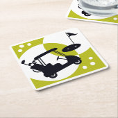 ゴルフカート、クラブ、グリーン スクエアペーパーコースター (アングル)