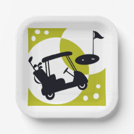 ゴルフカート、クラブ、グリーン ペーパープレート