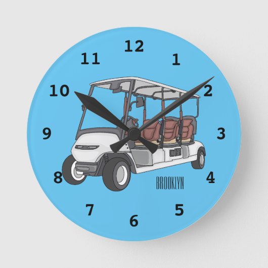 ゴルフカート/ゴルフ乳母車漫画イラストレーション ラウンド壁時計 (正面)