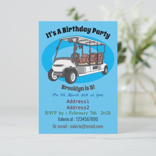 ゴルフカート/ゴルフ乳母車漫画イラストレーション 招待状 (スタンド正面)