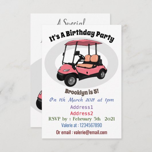 ゴルフカート/ゴルフ乳母車漫画イラストレーション 招待状 (正面/裏面)