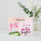 ゴルフカート ピンクをテーマにした 女の子の水彩画 ありがとう ポストカード (スタンド正面)