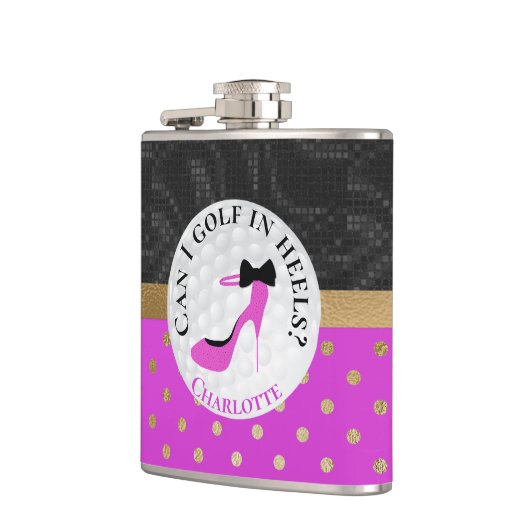 ゴルフガーリーテーマのピンクとブラック フラスク (左)