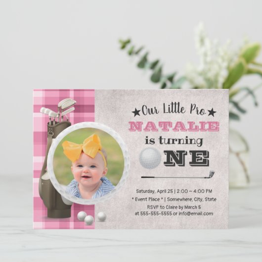 ゴルフガール未来ゴルファーかわいい写真1歳の誕生日 招待状 (スタンド正面)