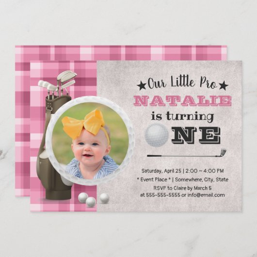 ゴルフガール未来ゴルファーかわいい写真1歳の誕生日 招待状 (正面/裏面)