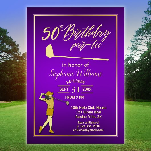 ゴルフクラシックパープルゴールド女性50歳の誕生日 招待状