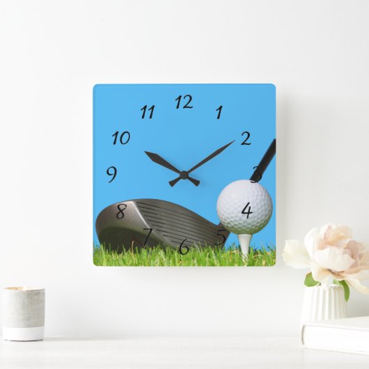 ゴルフクラブとボールの背景 スクエア壁時計 (ホーム)