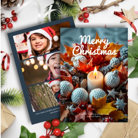 ゴルフクリスマスキャンドル・ 3つのフォトネイビー シーズンカード