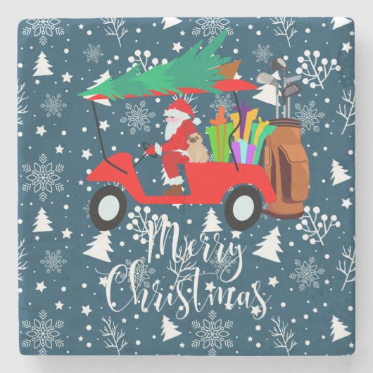 ゴルフクリスマスサンタクロース乗用ゴルフカートのゴルファー ストーンコースター (正面)