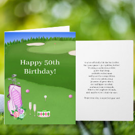ゴルフコースでお祝いするピンクのゴルフバッグと50歳の誕生日おめでとう カード