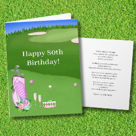 ゴルフコースで80歳の誕生日をお祝いするピンクのゴルフバッグ カード