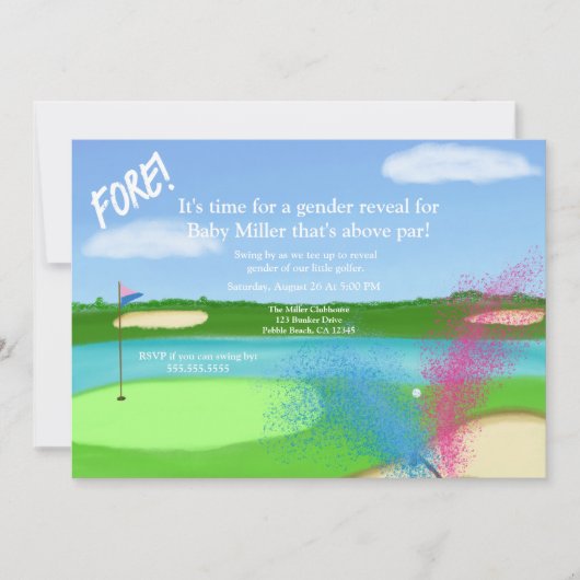 ゴルフコースとバンカージェンダーが赤ちゃんシャワーを明らかにする 招待状 (正面)