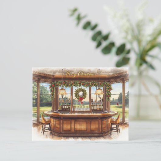 ゴルフコースのクラブハウスからゴルフのクリスマス シーズンポストカード (スタンド正面)