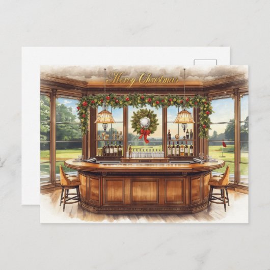 ゴルフコースのクラブハウスからゴルフのクリスマス シーズンポストカード (正面/裏面)