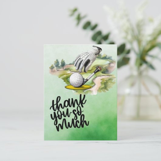 ゴルフコースの水彩画 ゴルフグローブとボール ポストカード (スタンド正面)