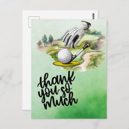 ゴルフコースの水彩画 ゴルフグローブとボール ポストカード (正面/裏面)