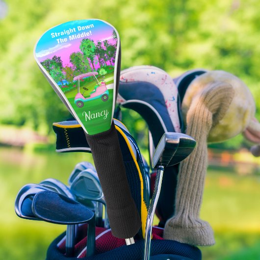 ゴルフコースピンクレザーゴルフカートの日没 ゴルフヘッドカバー