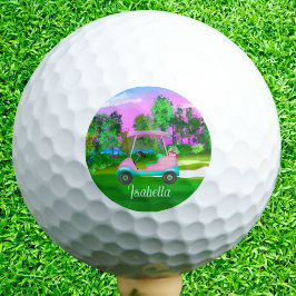 ゴルフコースピンクレザーゴルフカートの日没 ゴルフボール