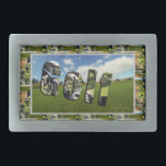 ゴルフコースフォトコラージュとロゴ 長方形ベルトバックル<br><div class="desc">様々なゴルフ画像に囲まれたゴルフクラブ画像から作られたゴルフの言葉を持つゴルフ場</div>