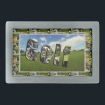 ゴルフコースフォトコラージュとロゴ 長方形ベルトバックル<br><div class="desc">様々なゴルフ画像に囲まれたゴルフクラブ画像から作られたゴルフの言葉を持つゴルフ場</div>
