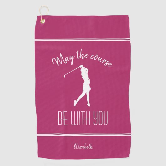 ゴルフコースレディースポーツプロゴルファーモダンピンク ゴルフタオル (正面)