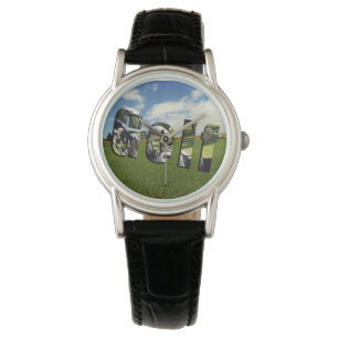 ゴルフコースロゴ、レディースブラックレザーウォッチ 腕時計